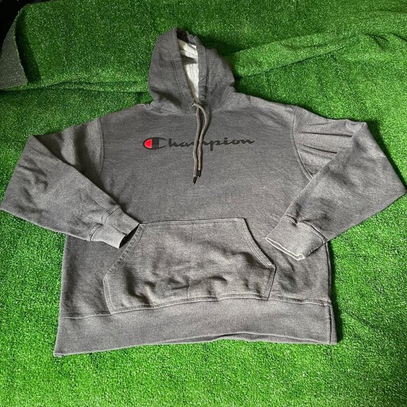 Champion Long Sleeve Powerblend Fleece Iconic Logo Grey Hoodie Sweatshirt Size L - Picture 2 of 14